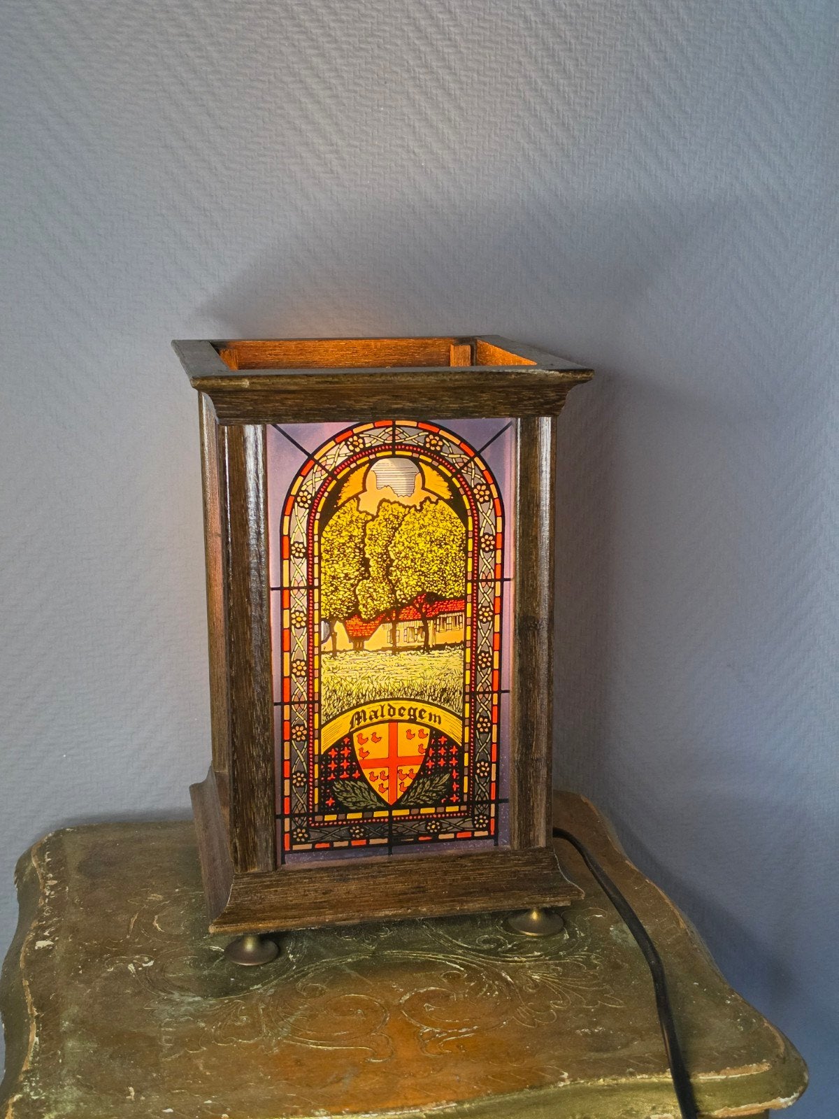 Stained glass table lamp - vintage maldegem wooden Lamp, Ophalen of Verzenden
