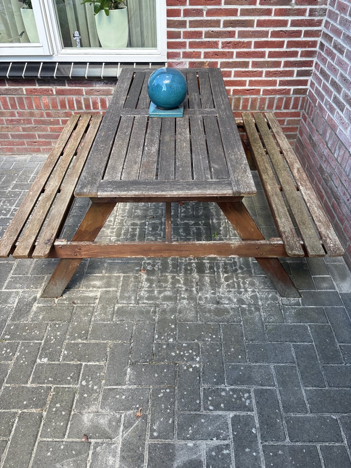 Hardhouten picknicktafel met opklapbare bankjes, Tuin en Terras, Picknicktafels, Ophalen, Gebruikt, Inklapbaar, Rechthoekig