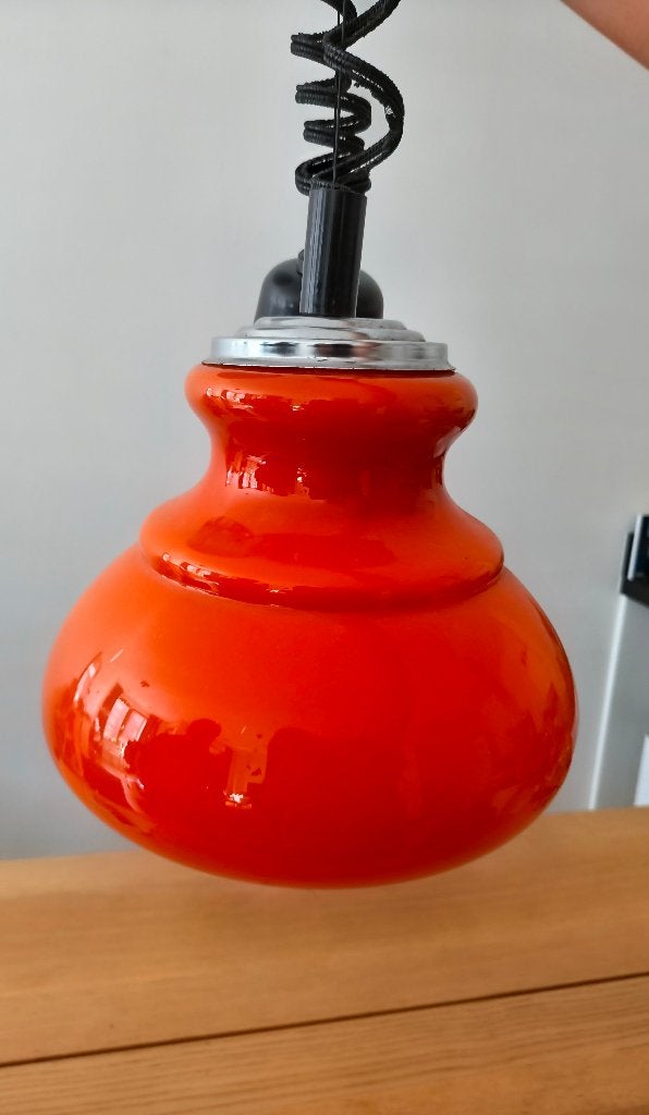 Vintage oranje glazen hanglamp, Ophalen, Gebruikt, Vintage, E27 (groot)