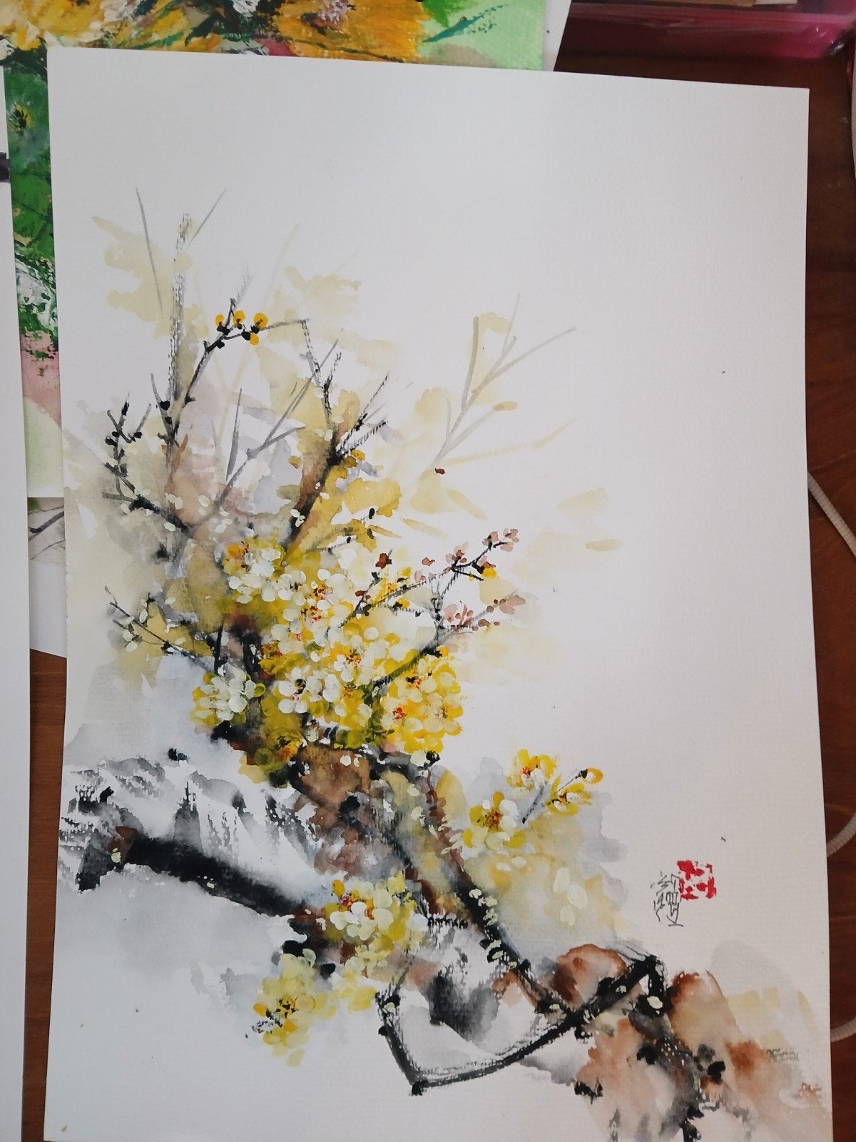 Vietnamese aquarel van Tri Luu, Antiek en Kunst, Aquarel, Handgeschilderd, Papier/karton, Ophalen of Verzenden