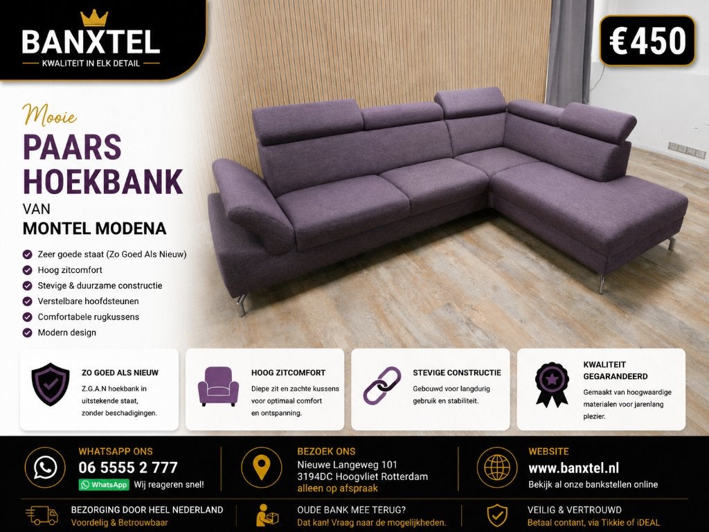 Zeer Mooie Paars Hoekbank van MONTEL MODENA, Info@banxtel.nl, Gebruikt, Verzenden, Hoekbank
