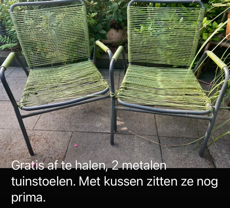 2 metalen tuinstoelen - gratis af te halen, Ophalen of Verzenden, Gebruikt, Metaal
