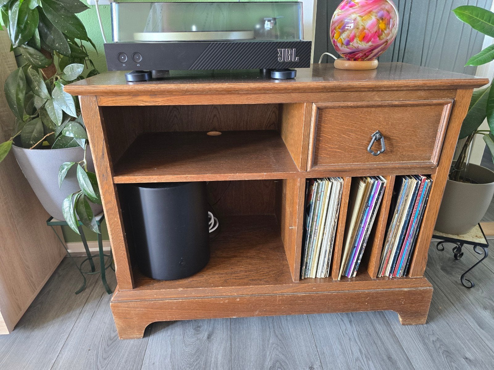 Zwaar eiken audiomeubel - 91.5x42x73.5 cm, Huis en Inrichting, Kasten | Televisiemeubels, Ophalen, Gebruikt, Eikenhout, 50 tot 100 cm
