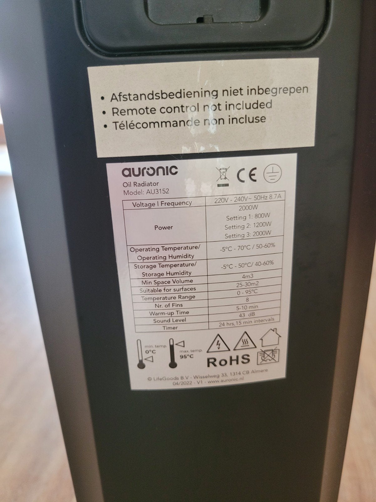Auroninc AU3152 Olie Radiator - Elektrische Kachel, Ophalen, Overige soorten, Elektrisch, Zo goed als nieuw