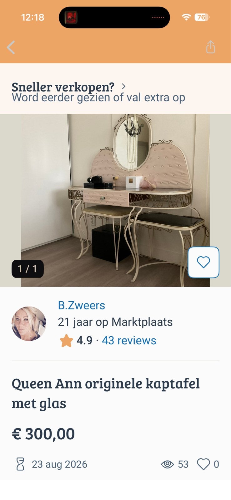 Queen Ann originele kaptafel met glas en extra tafeltje, Gebruikt, 100 tot 150 cm, Glas, 50 tot 100 cm
