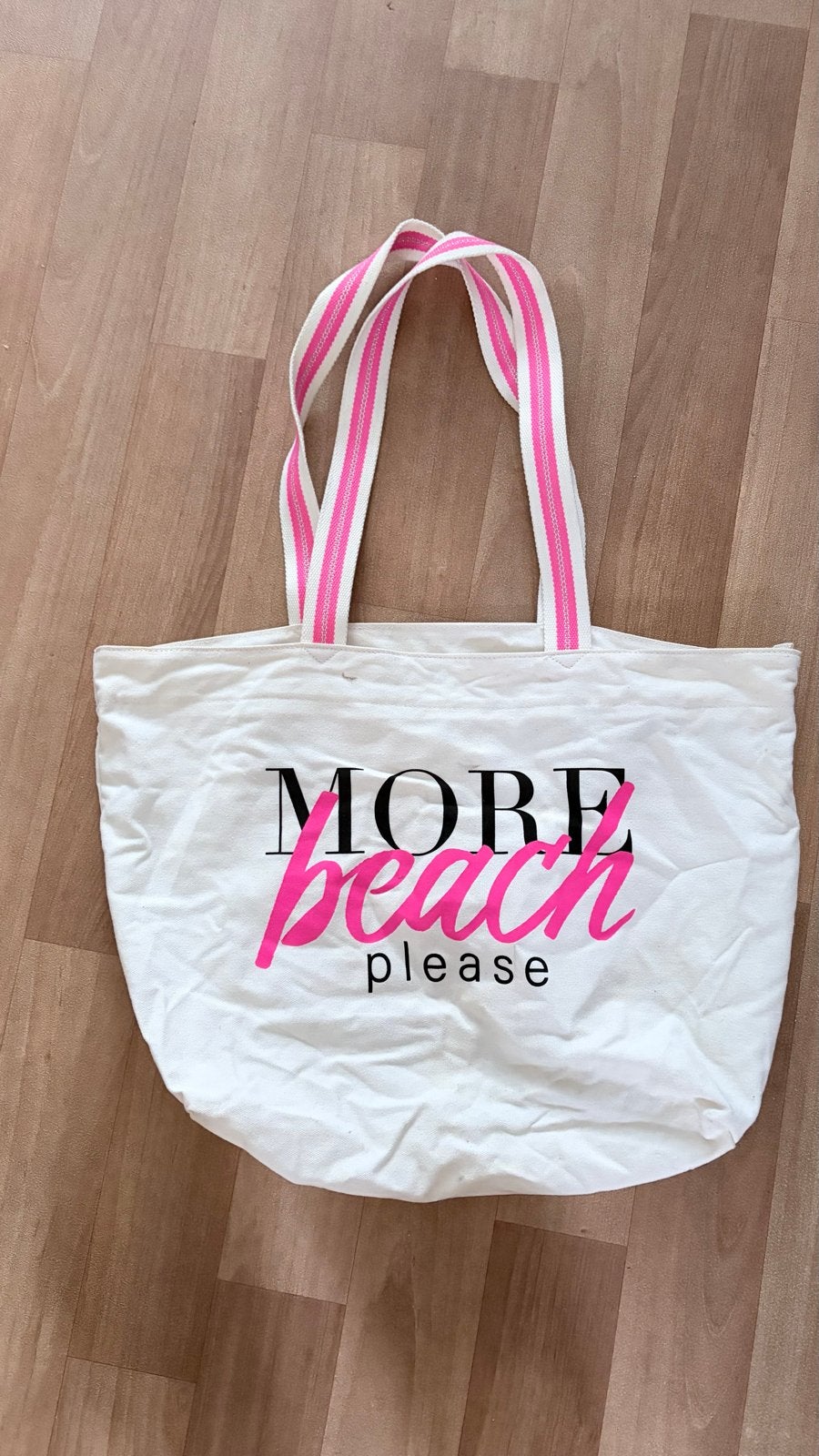 Witte shopper met roze opdruk "More beach please", Ophalen, Gebruikt, Wit, Shopper