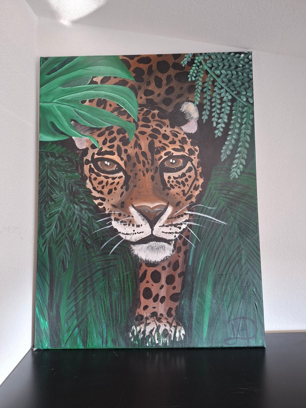 Handgeschilderd schilderij luipaard 60x80 cm, Handgeschilderd, Ophalen of Verzenden, Dieren, Olieverf