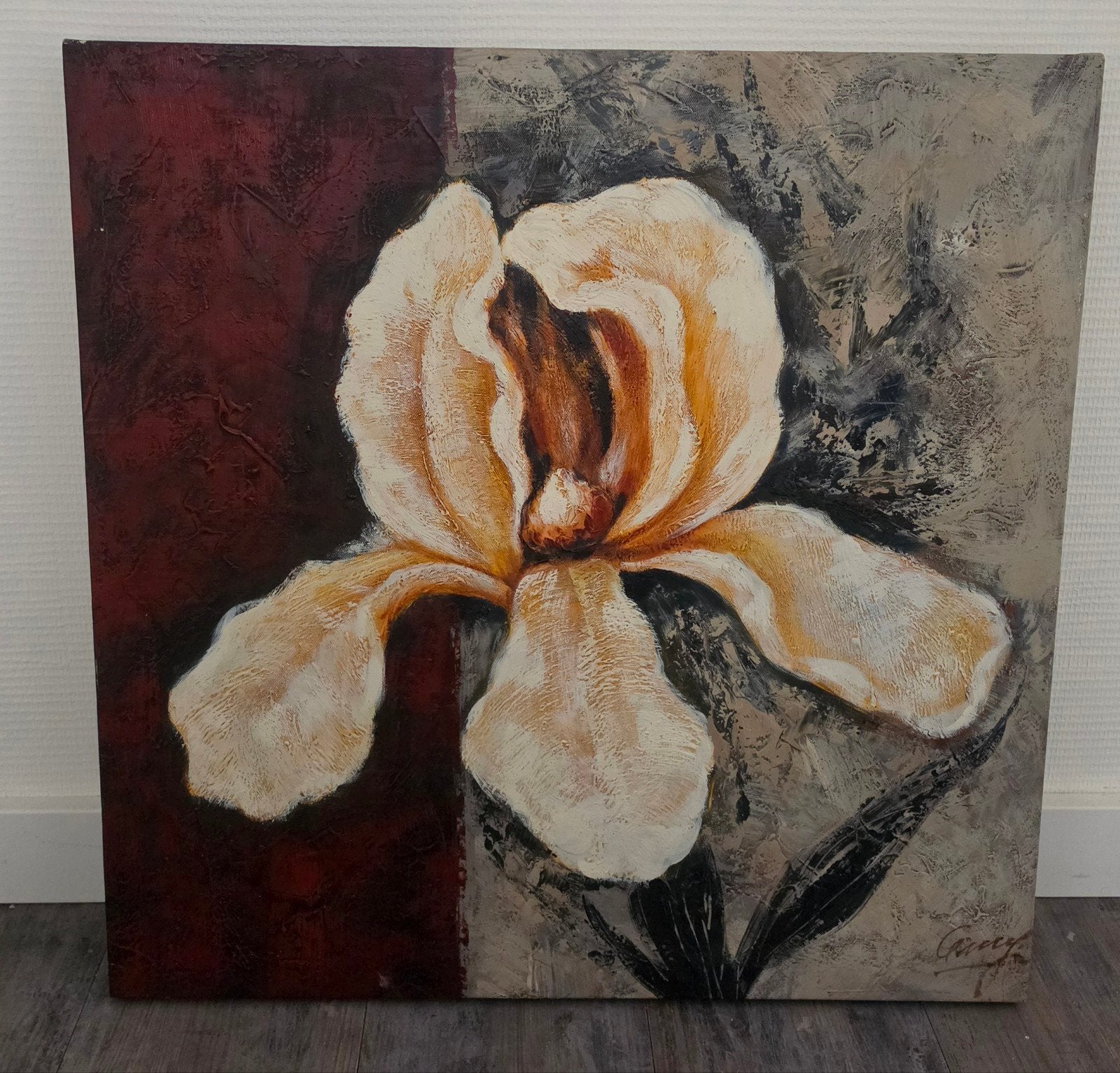 Schilderij Iris op canvas - 60x60 cm, Ophalen of Verzenden, Textiel, Handgeschilderd, Bloemen
