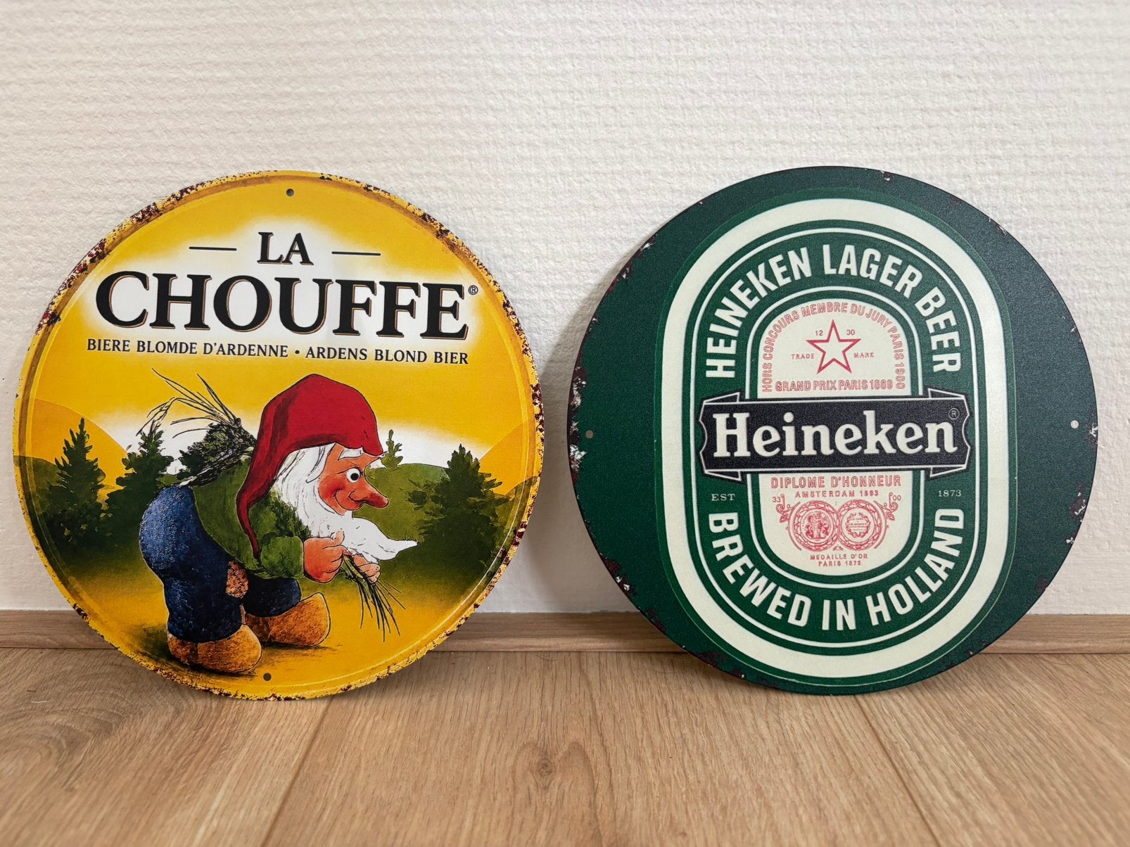 Prachtige vintage borden La Chouffe & Heineken (20x20), Ophalen of Verzenden, Zo goed als nieuw, Reclamebord