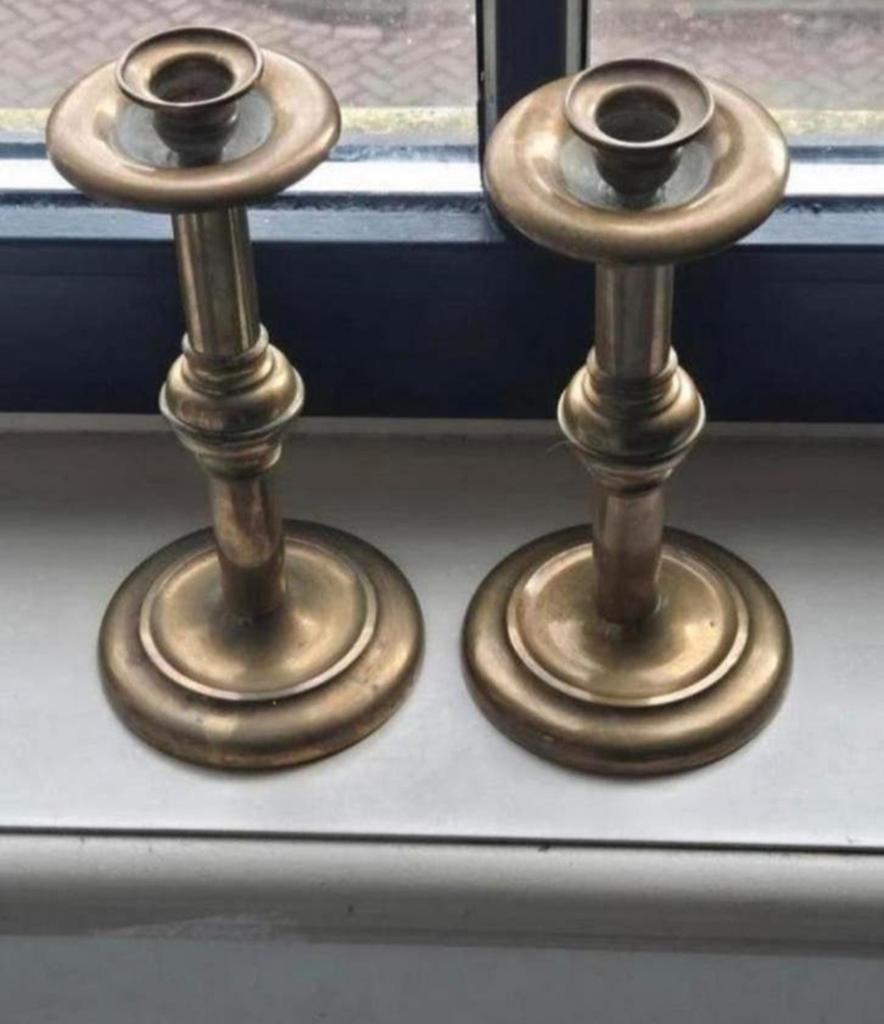 Set van 2 Ouderwetse Messing Kandelaars, Ophalen, Koper of Brons