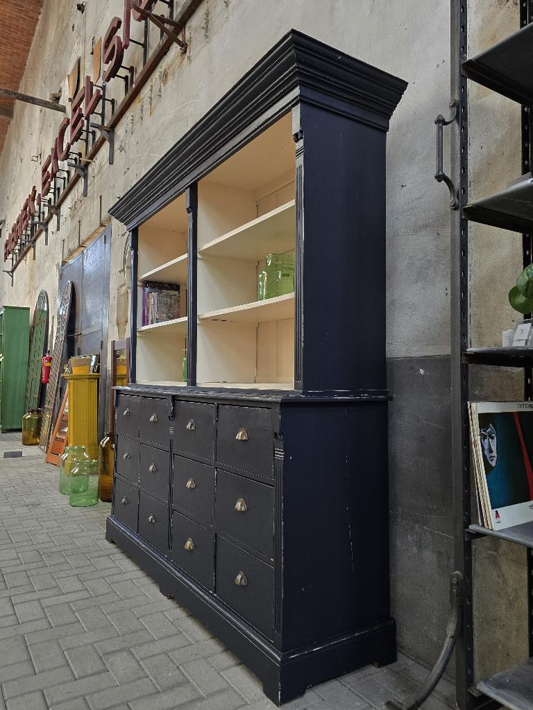 Vintage Blauwe Buffet Kast | Grote Buffetkast Hout Antiek, Met plank(en), Gebruikt, Antiek Retro Vintage Brocante Landelijk, 200 cm of meer