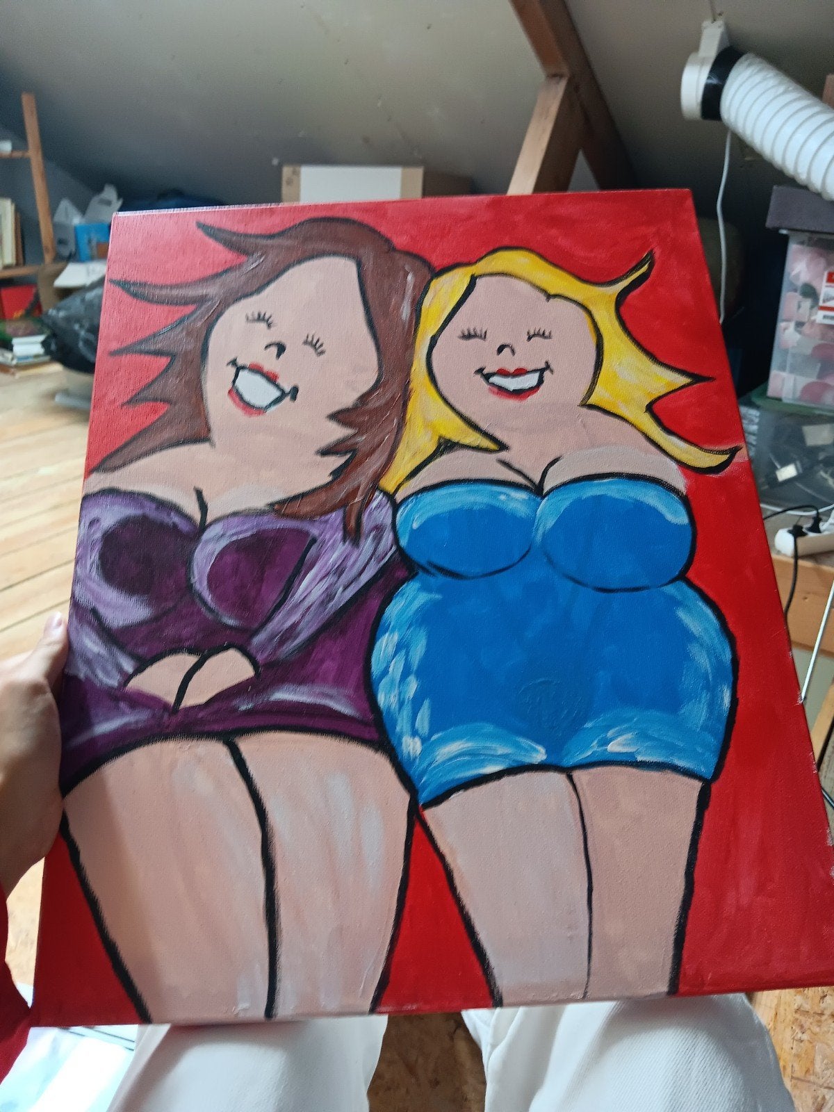 Vrolijk schilderij van twee dames, Ophalen of Verzenden, Handgeschilderd, Textiel, Figuren