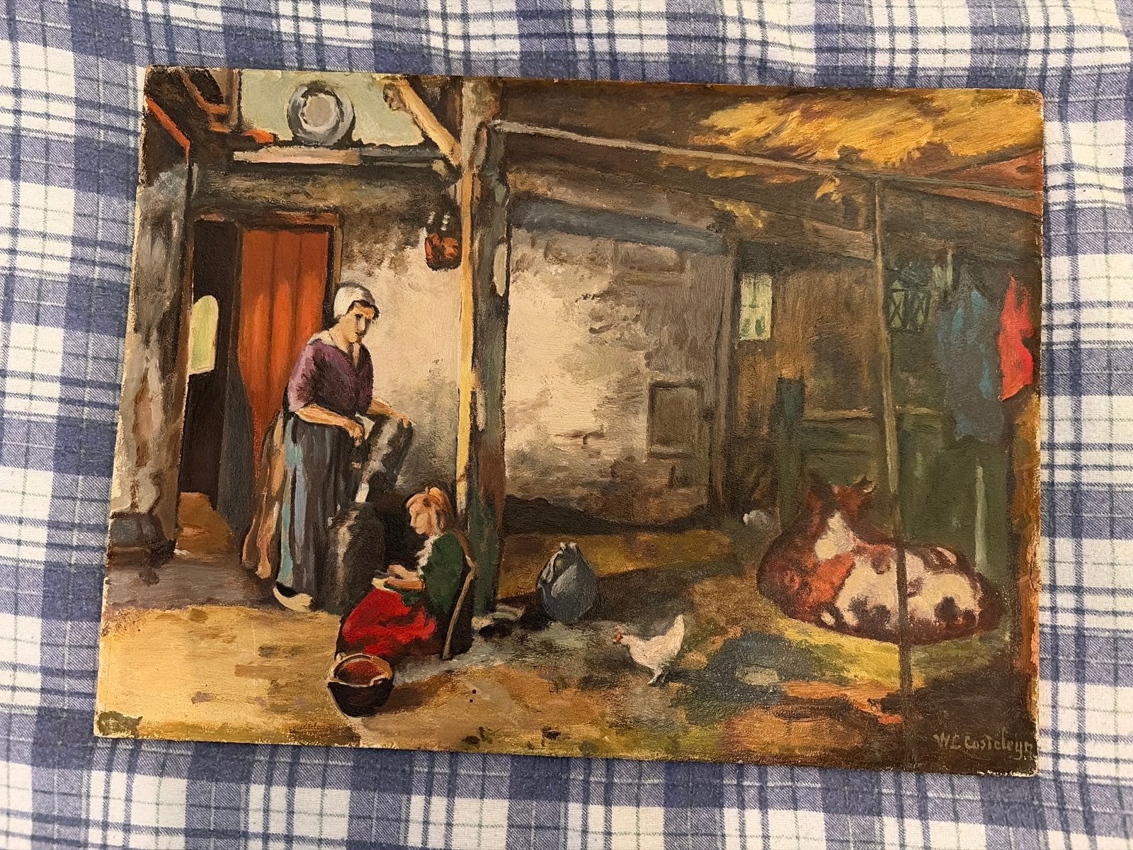 Olieverf schilderij ca. 1900 – W.E. Casteleyn – boerenerf, Ophalen of Verzenden