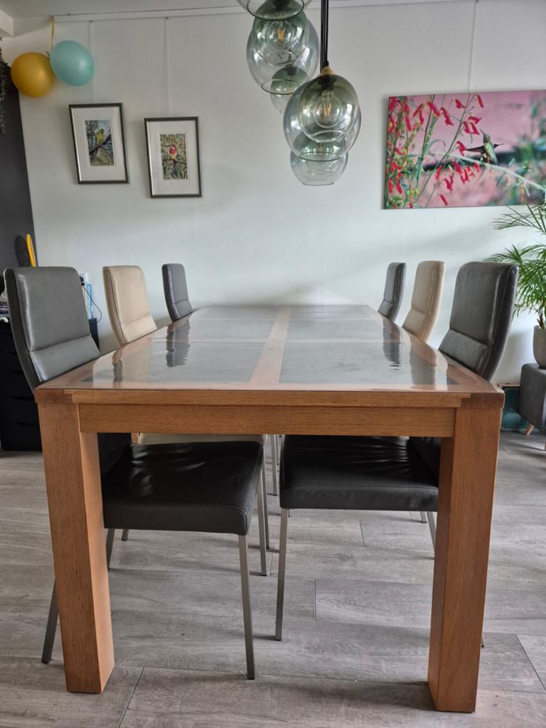 Eettafel 210x100 cm massief hout met natuursteen, Huis en Inrichting, Tafels | Eettafels, Ophalen, Rechthoekig, 200 cm of meer