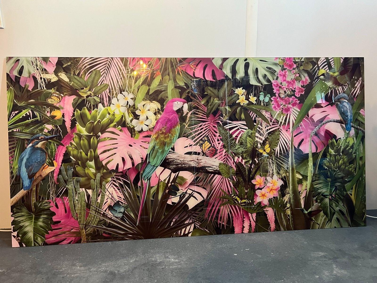Glasschilderij Vogels in bloemenpracht (80x160cm), Ophalen, Glas, Ophangklaar, Dieren