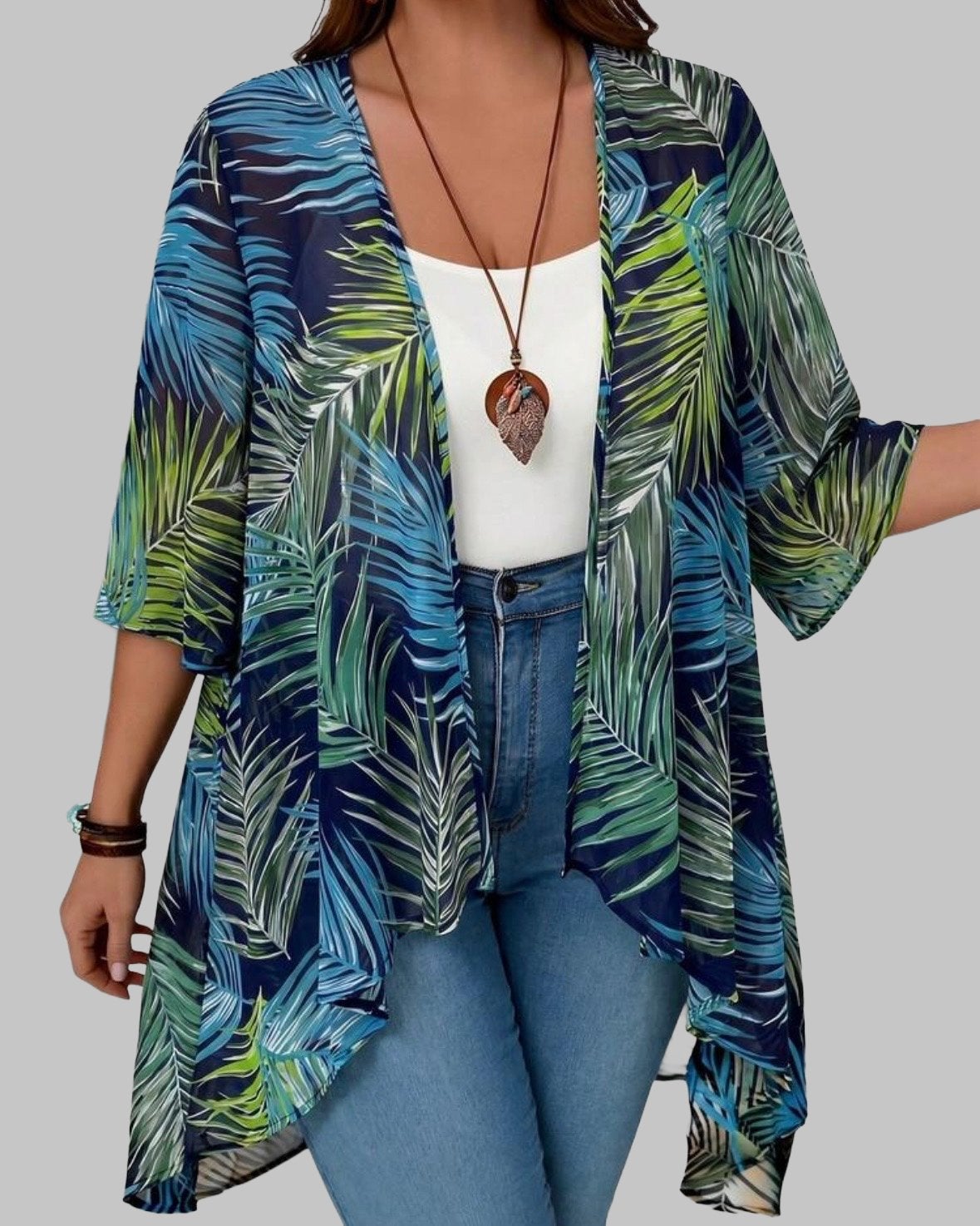 Zomerse Kimono met Tropische Bladprint (46-54), Kleding | Dames, Grote Maten, Verzenden, Nieuw, Blauw, Trui of Vest