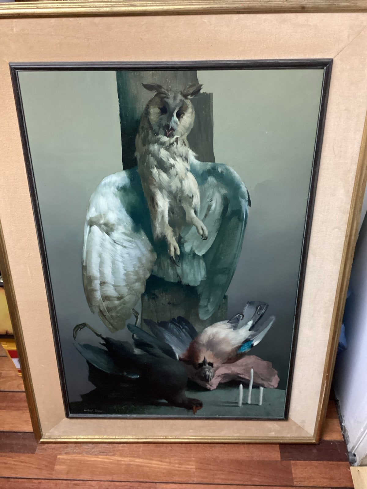 Olieverfschilderij Michael Dore - Uil en vogels, Paneel, Dieren, Ophalen of Verzenden, Gesigneerd