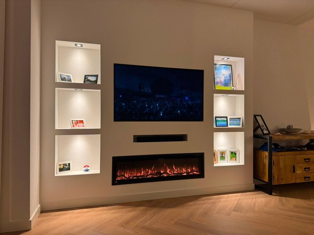 Cinewall op maat met sfeerhaard en LED verlichting, Overige materialen, 200 cm of meer, Nieuw, Ophalen of Verzenden