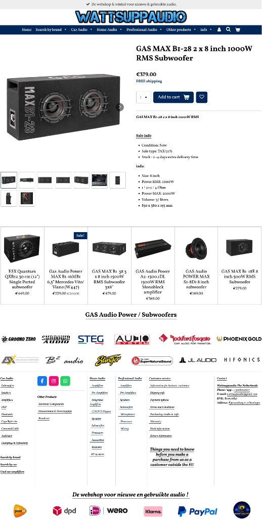 GAS MAX B1-28 2 x 8 inch 1000W RMS Subwoofer, Info@optimount.nl, Nieuw, Ophalen of Verzenden, Anholtseweg 48A 7091 HB DINXPERLO