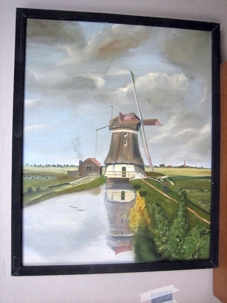 Schilderij Windmolen met spiegelbeeld, Maritiem / water, Ingelijst, Doek, Ophalen of Verzenden