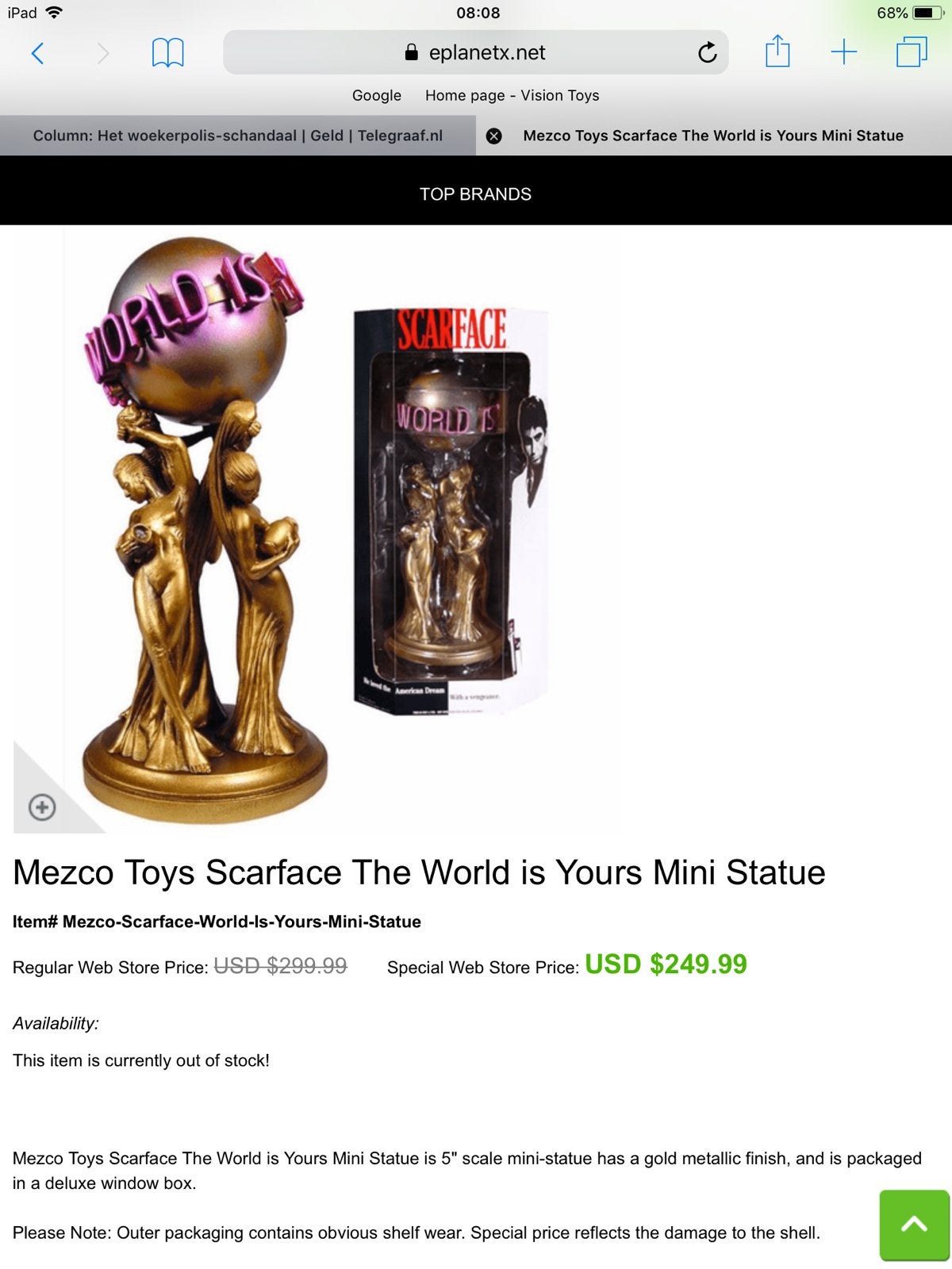 Scarface "The World is Yours" Mini Standbeeld Goud, Ophalen of Verzenden, Gebruikt