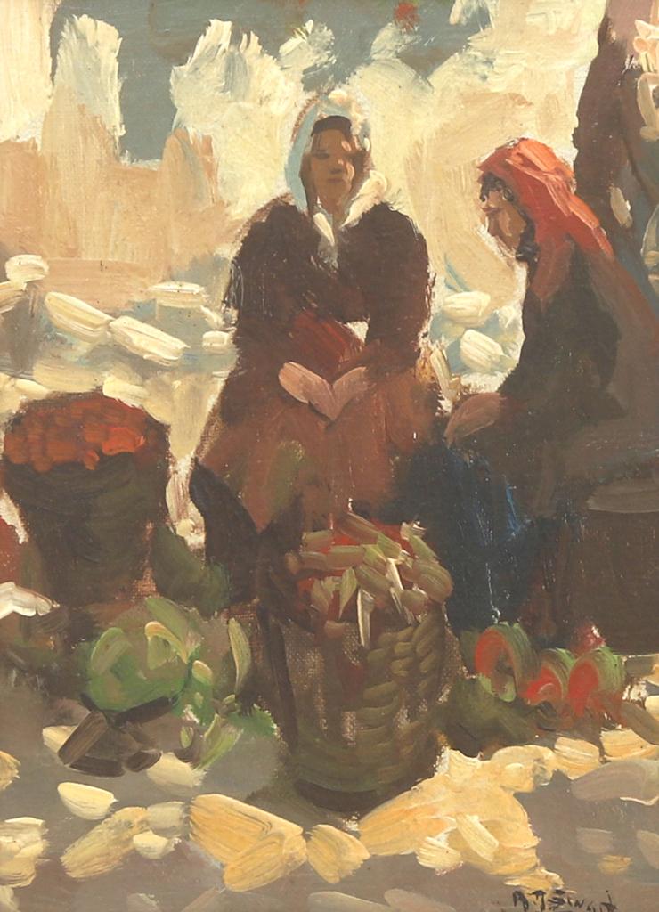 A.J. Zwart, Marktvrouwen in dorpje Jesus op Ibiza, Antiek en Kunst, Kunst | Schilderijen | Klassiek, Ophalen of Verzenden