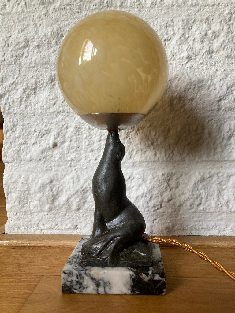 art deco Franse lamp met zeeleeuw jaren 20 30, Ophalen of Verzenden, Glas, Art deco