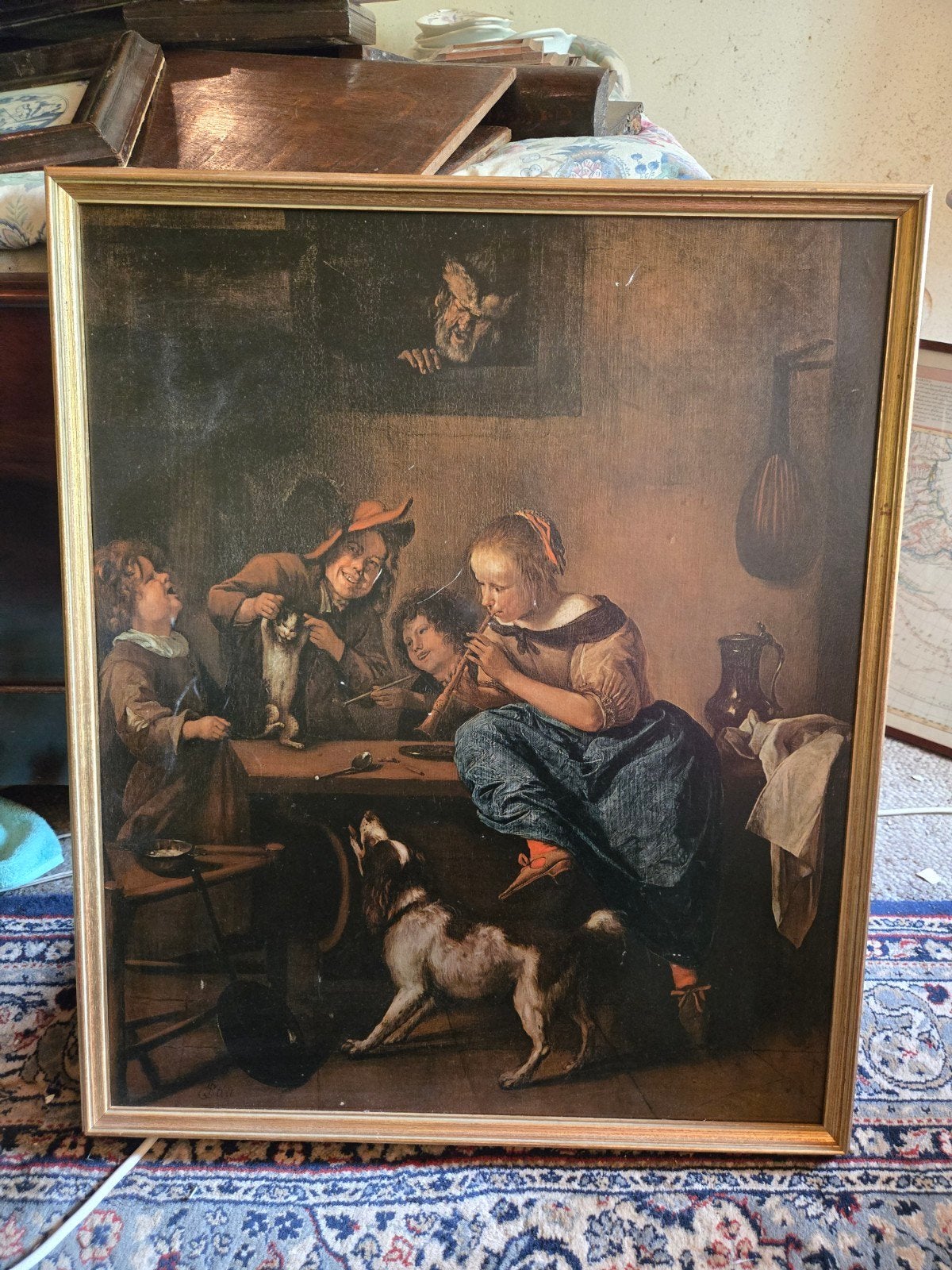De dansles van Jan Steen grote reproductie gouden lijst, Antiek en Kunst, Kunst | Schilderijen | Klassiek, Ophalen of Verzenden