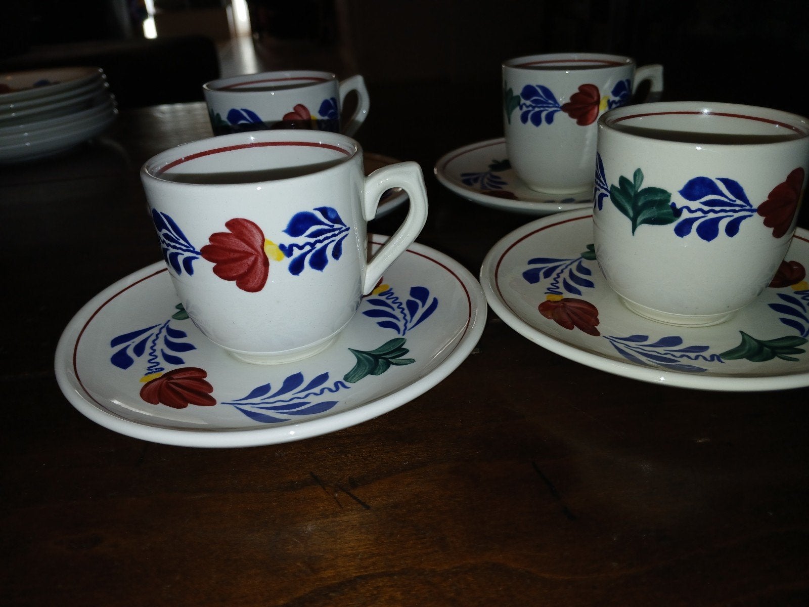 Set van 4 Boerenbont Boch koffiekopjes met schotels, Ophalen of Verzenden