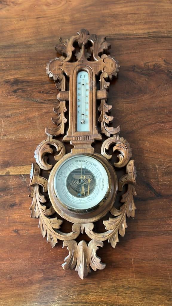 Antieke Barometer met Thermometer - Houtsnijwerk, Ophalen, Gebruikt, Barometer
