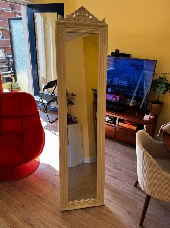 Vrijstaand spiegel met barok lijst 160x40 cm - Crème Wit, Minder dan 50 cm, Ophalen of Verzenden, Zo goed als nieuw, Minder dan 100 cm