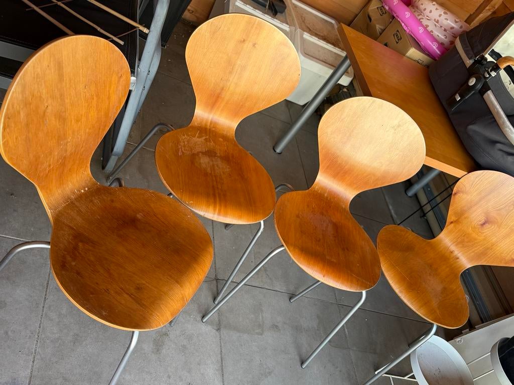 4 Danerka Vlinderstoelen eettafel (vintage design), Huis en Inrichting, Stoelen, Ophalen, Gebruikt, Bruin, Vlinderstoel (ontwerp Arne Jacobs)