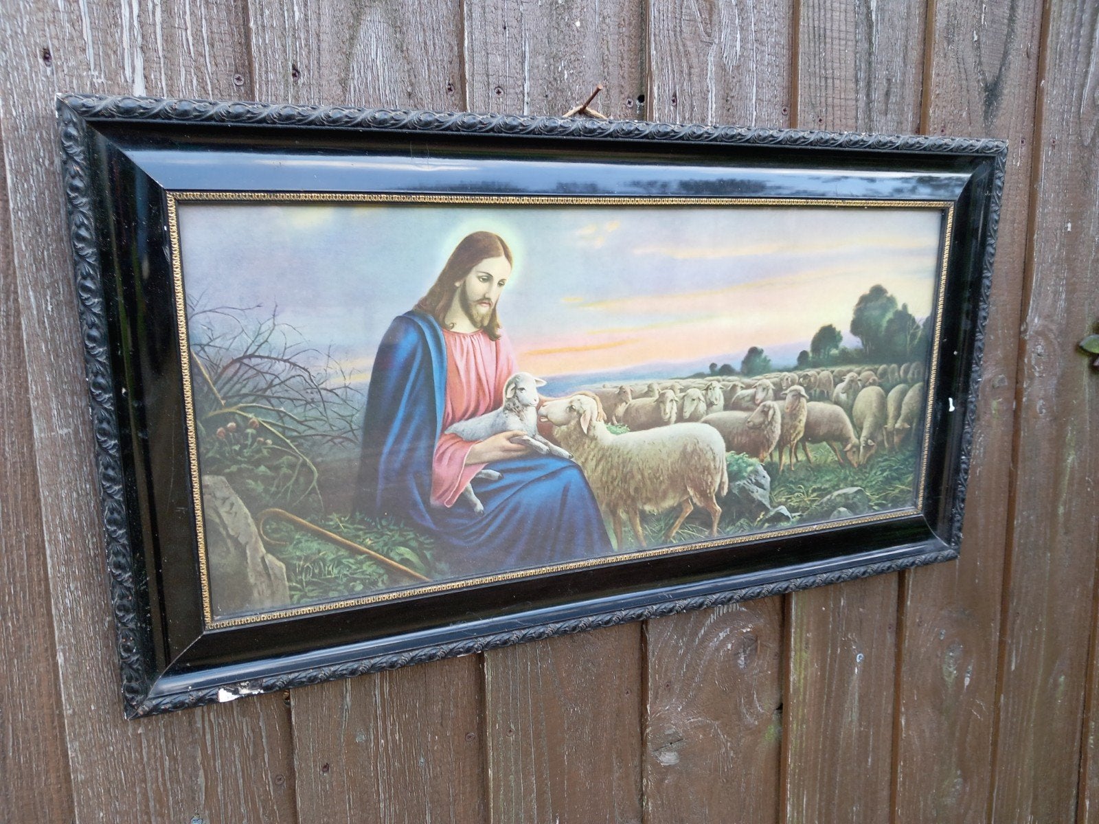 Vintage schilderij Jezus met lam en schapen, Antiek en Kunst, Ophalen of Verzenden