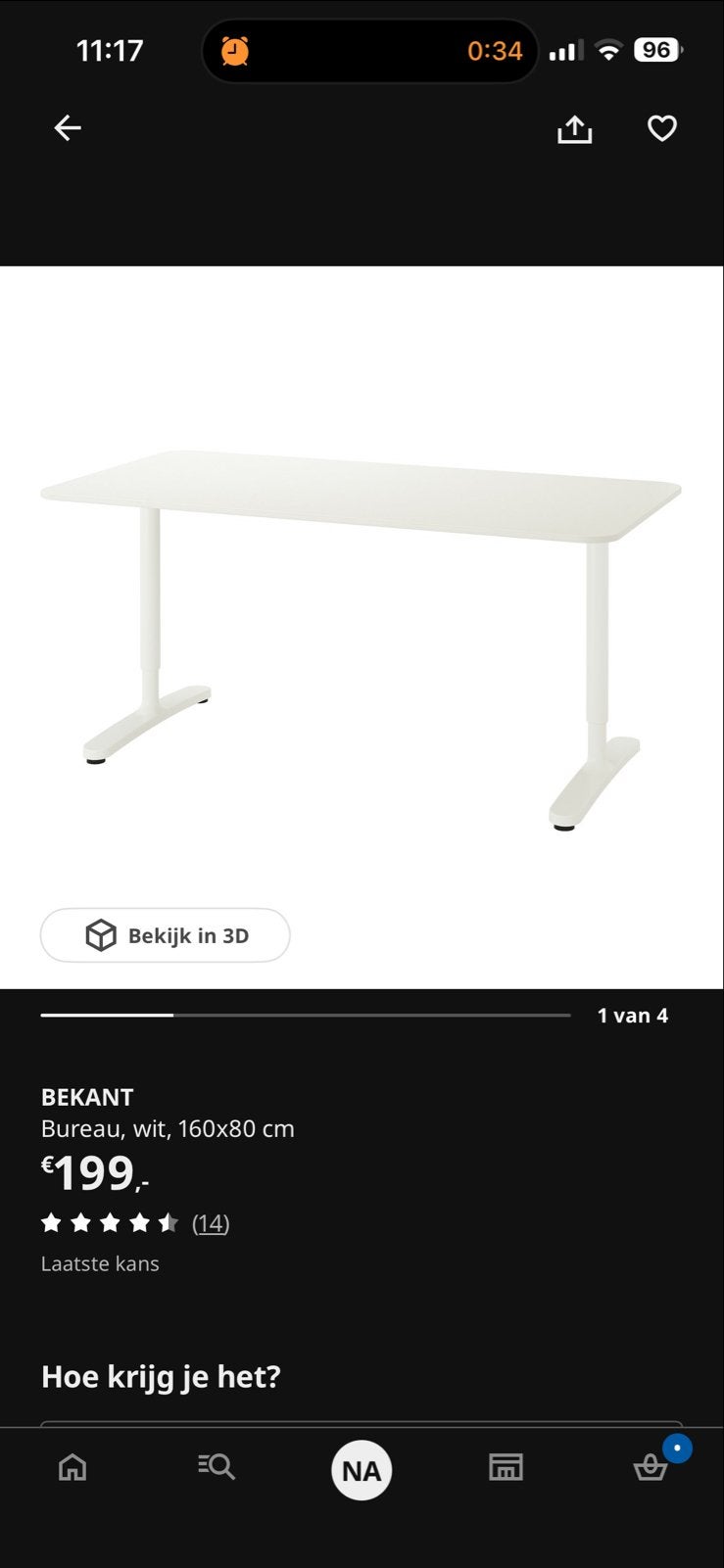 IKEA BEKANT Bureau Wit 160x80 cm, Huis en Inrichting, Ophalen, Zo goed als nieuw, IKEA, Computerbureau