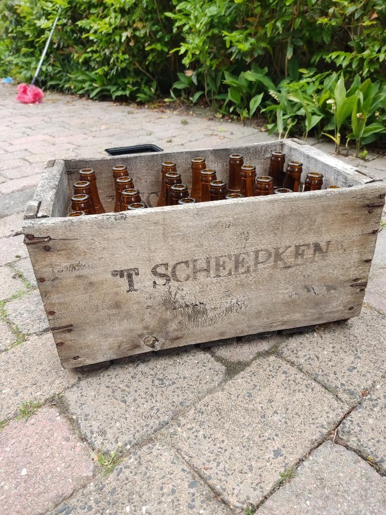 Antiek bierkrat met flessen  T Scheepken, Ophalen of Verzenden, Gebruikt, Flesje(s), Overige merken