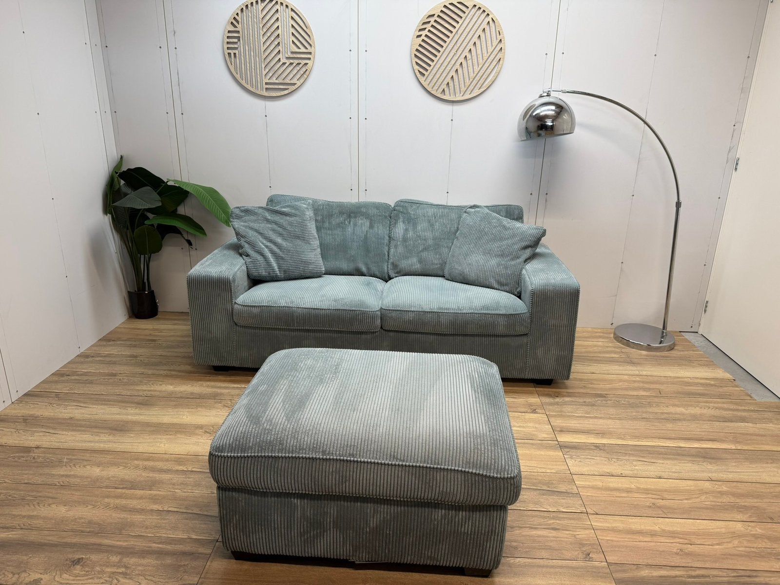 Trendhopper 2,5-zits bank met hocker – Blauwgrijs ribstof, Gebruikt, 125 cm of meer, 125 cm of meer, Ophalen of Verzenden