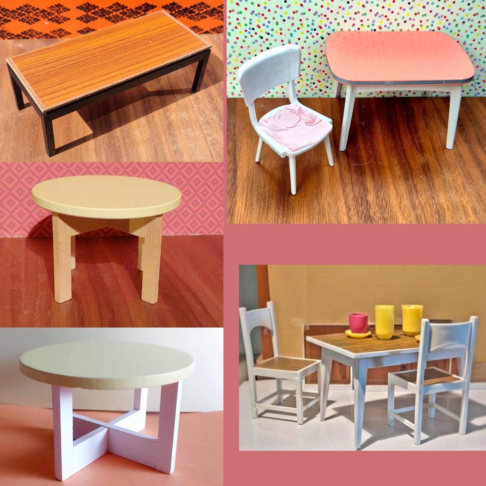 5 vintage poppenhuis tafels (+ stoelen) jaren 50-70 retro, Verzamelen, Ophalen of Verzenden, Gebruikt, Poppenhuis