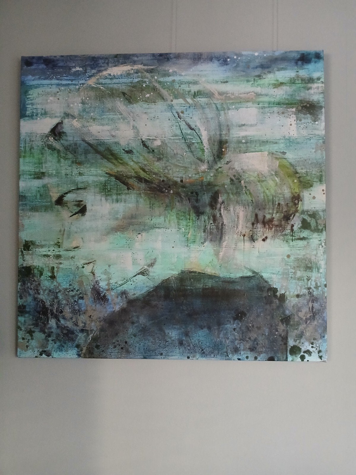 Abstract schilderij in blauw-groene tinten, Ophalen