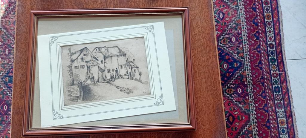Oude ets van een dorp of stadsgezicht, gesigneerd, Antiek en Kunst, Ophalen of Verzenden