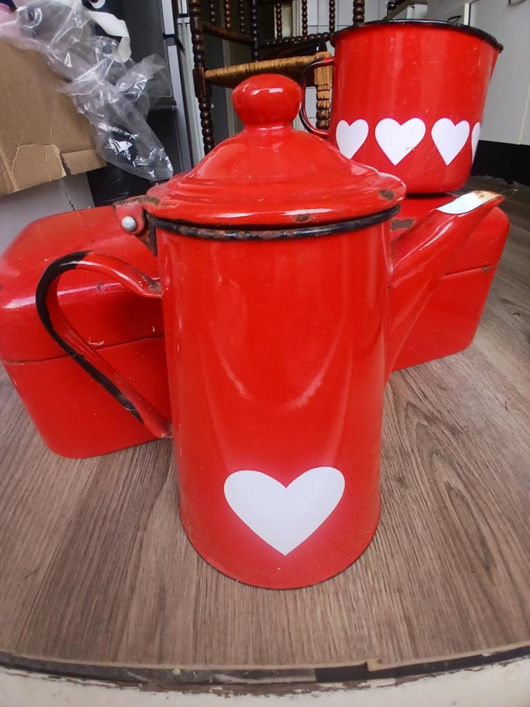 Vintage rode emaille koffiepot met hartjes, Ophalen of Verzenden