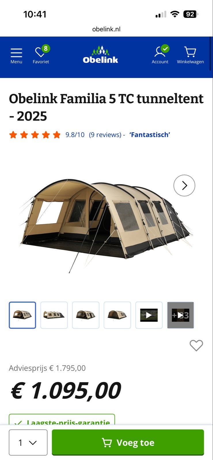 Obelink Familia 5 TC tunneltent, Caravans en Kamperen, Tenten, Ophalen, Zo goed als nieuw, Tot en met 5
