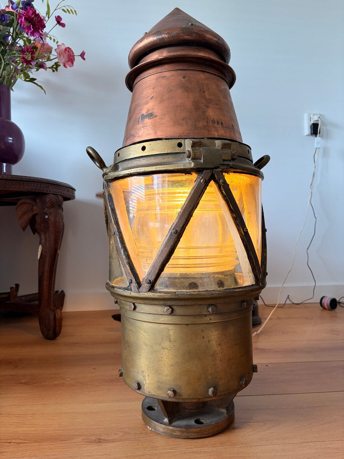 Antieke scheepslamp uit Rotterdamse haven, messing en koper, Ophalen
