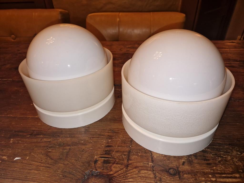 2 vintage design plafondlampen bakeliet, glazen bol set € 70, Ophalen of Verzenden, Gebruikt, Glas, Vintage retro Mid century