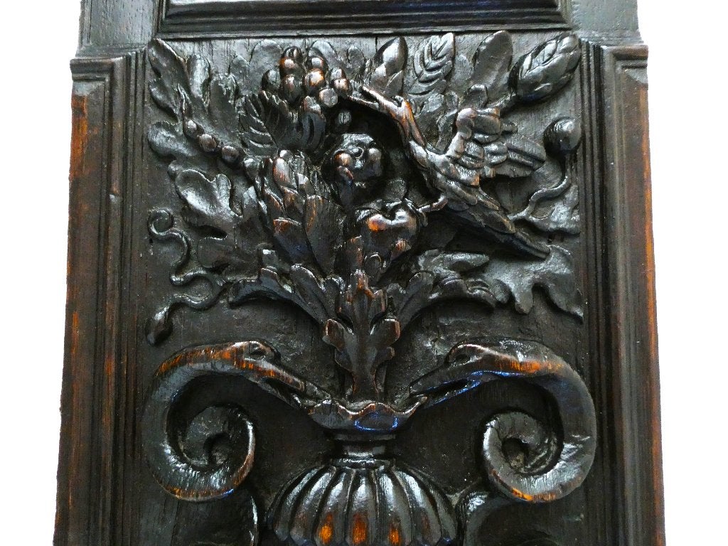 Decoratief paneel houtgesneden met vaas 2 slangen en vogel, Houtsnijwerk, Ophalen of Verzenden, Handgemaakt, 20 - 50 cm