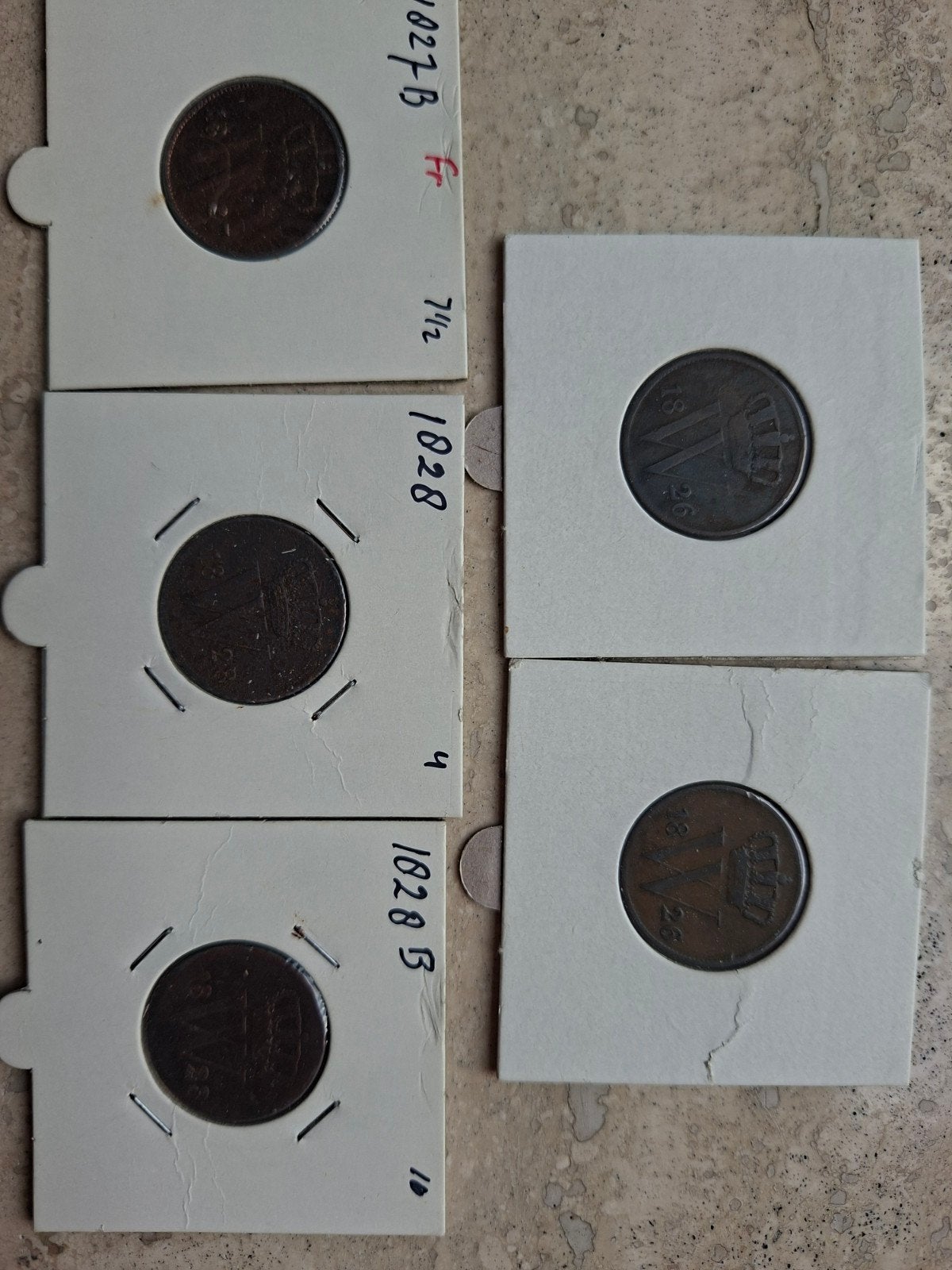1 cent 1826 u 1826 b 1827 b 1828 u 1828 b, Postzegels en Munten, Munten | Nederland, Ophalen of Verzenden, Koning Willem I, 1 cent