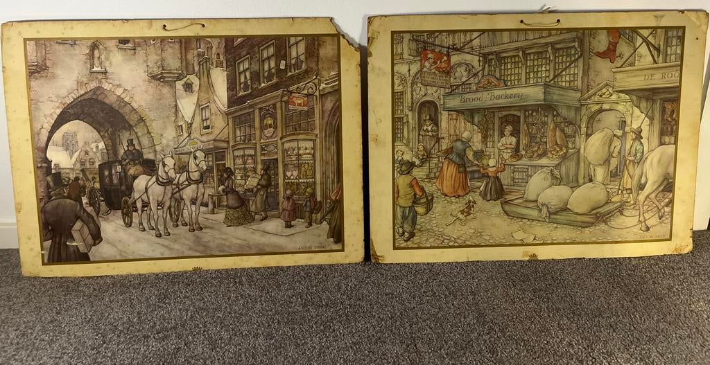 Twee Anton Pieck afbeeldingen - nostalgische stadsgezichten, Ophalen of Verzenden, Zo goed als nieuw