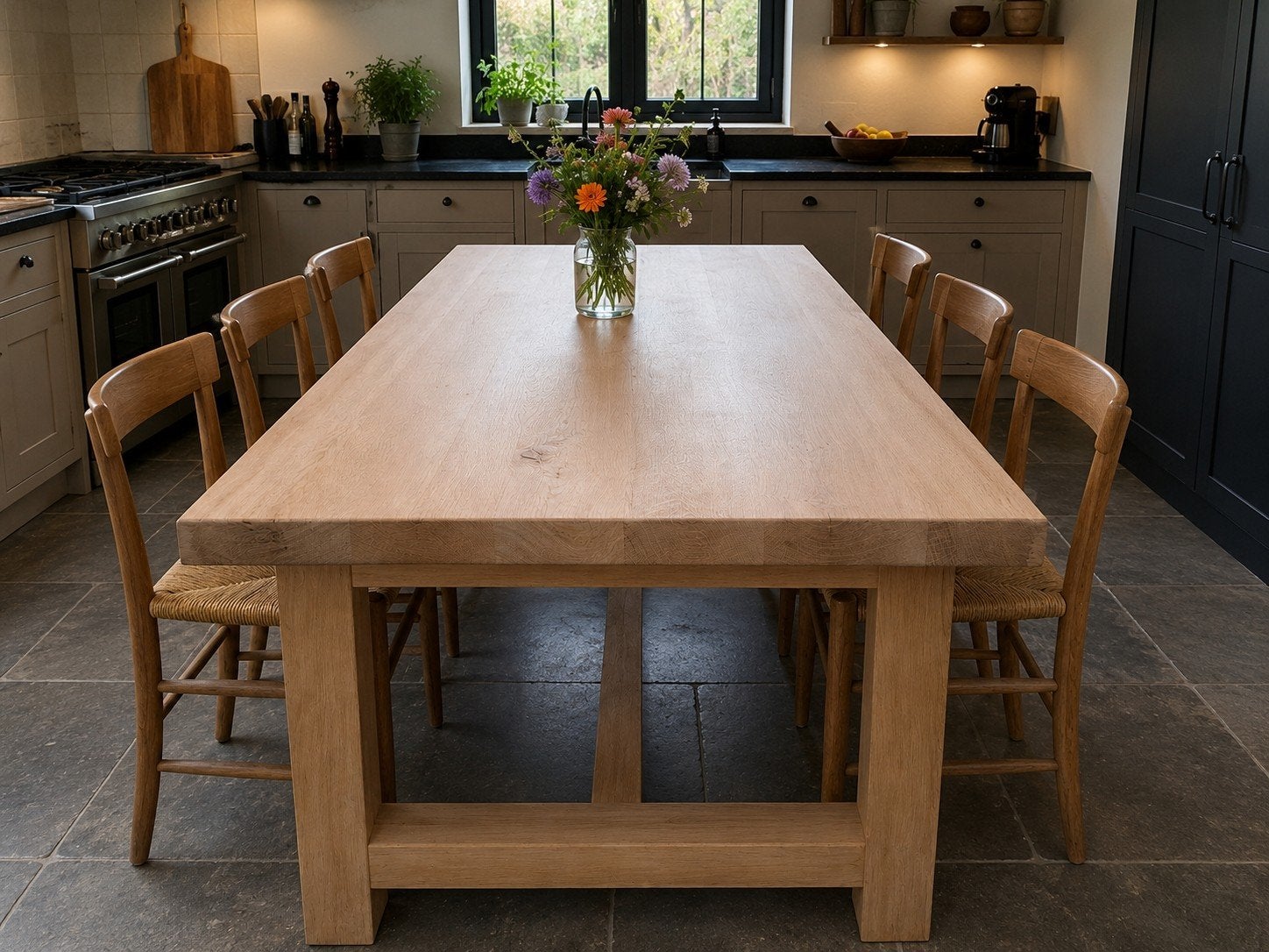 Zware Eiken Boomstam Tafel - 210x88/84cm, 6cm blad, Huis en Inrichting, Tafels | Eettafels, Ophalen, Eikenhout, 200 cm of meer