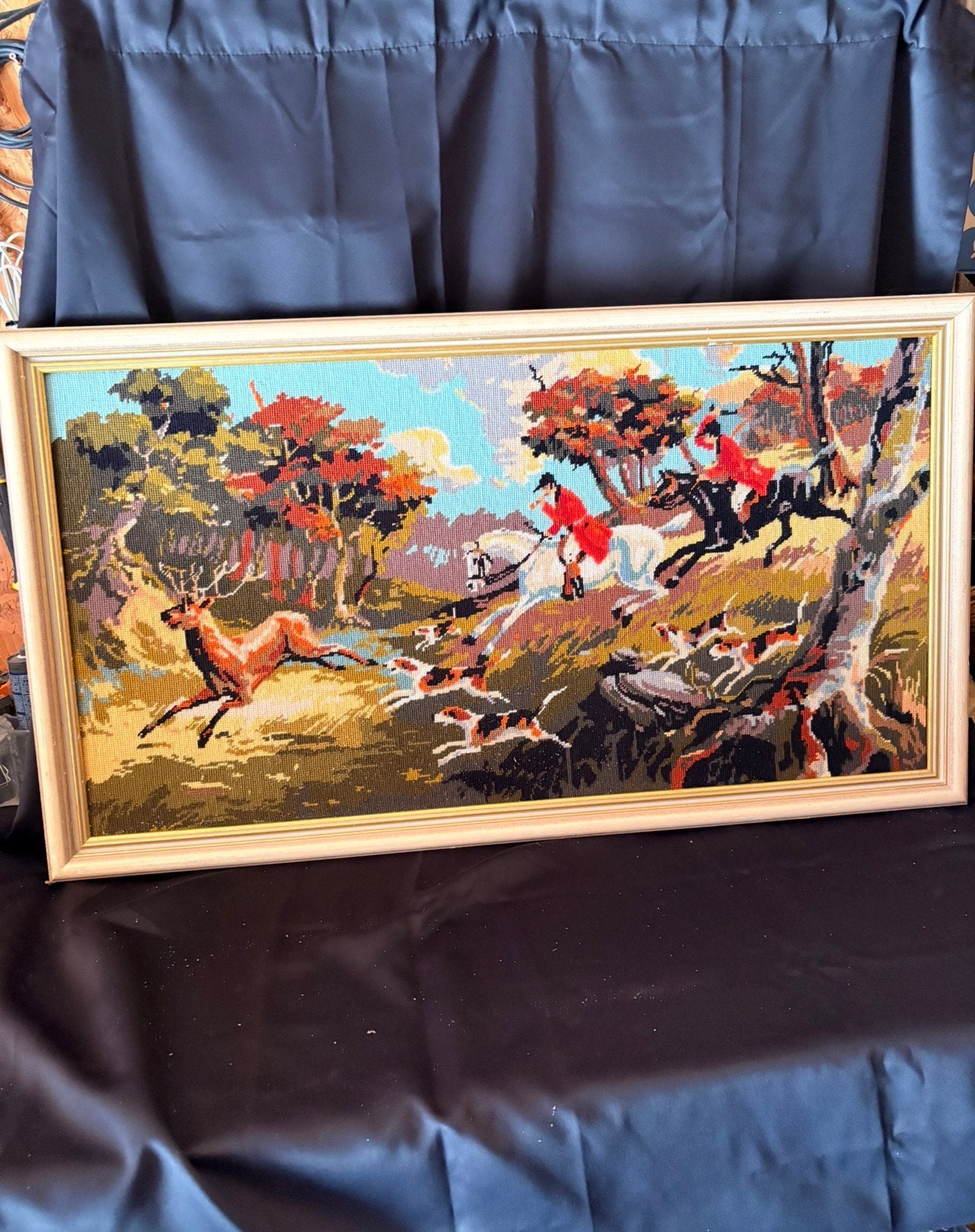 Handgeborduurd Jachtseizoen scilderij 110-61 cm, 110 cm, Meerkleurig, Ingelijst, Decoratieobject