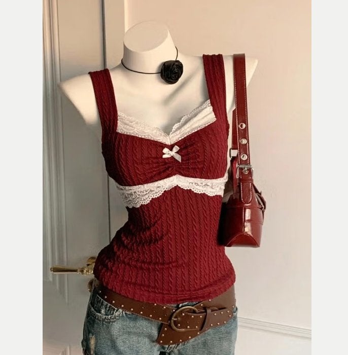 Luxe Y2k zomerse tank top met kanten details en strikje Rood, Ophalen of Verzenden, Nieuw, Rood, Zonder mouw