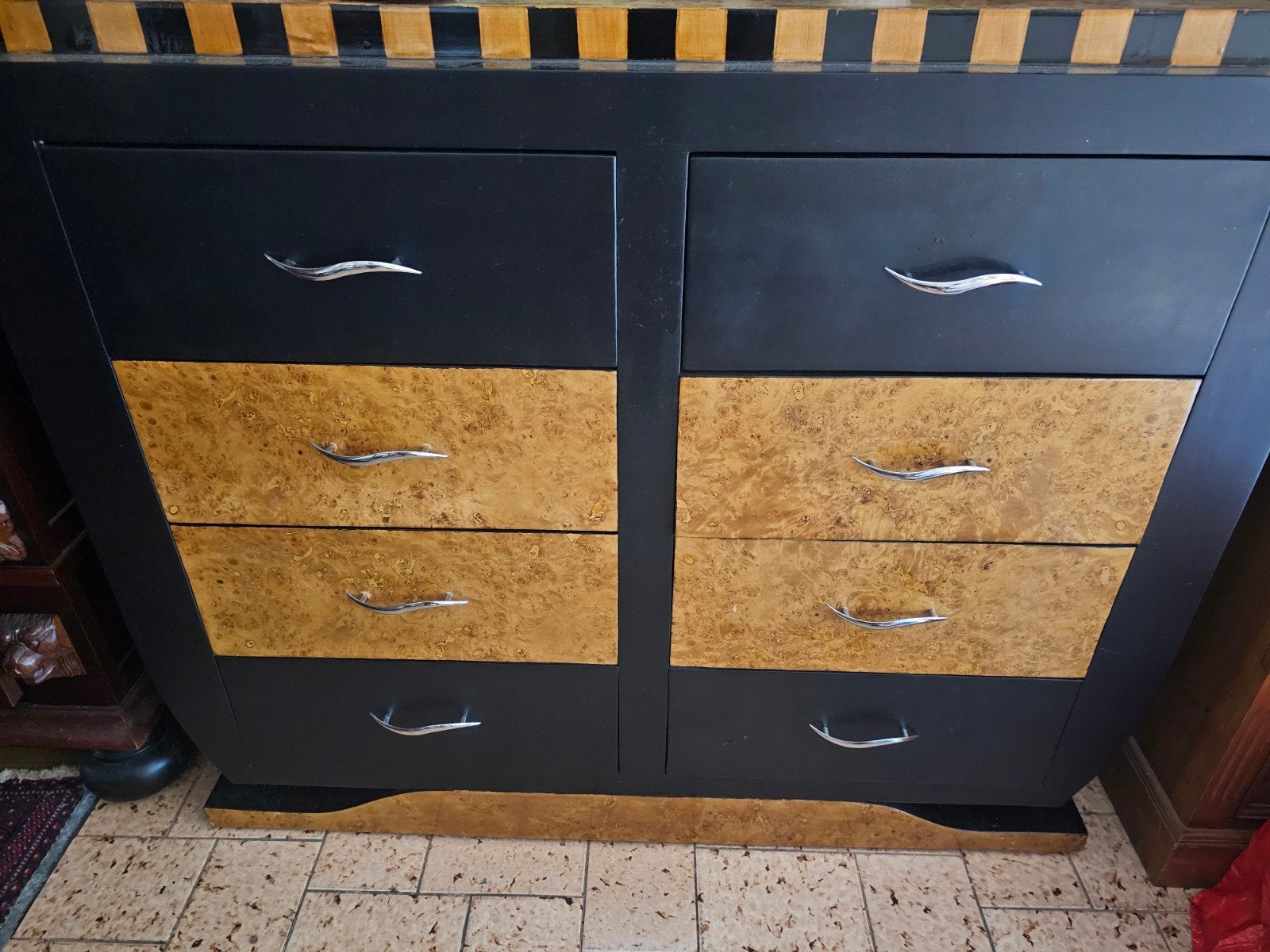 Art Deco Commode Zwart met Wortelnoten Laden, Ophalen, Gebruikt, 100 tot 150 cm, 5 laden of meer